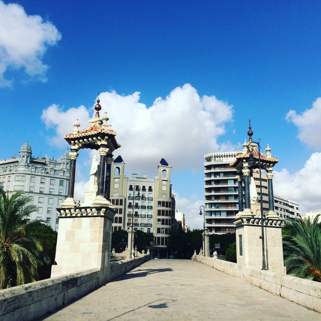 One of the many bridges that cross the riverbed in Valencia