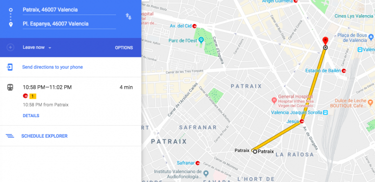 Patraix to Plaza de Espana on the metro in four minutes. 