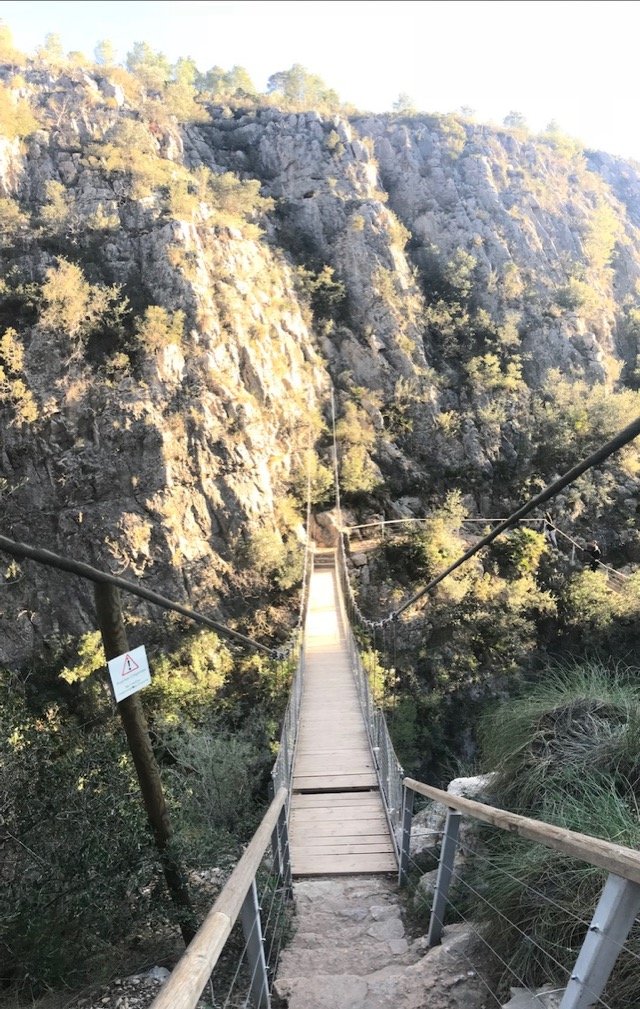 The hanging bridge over the Ruta de los Calderones as you drop down to it